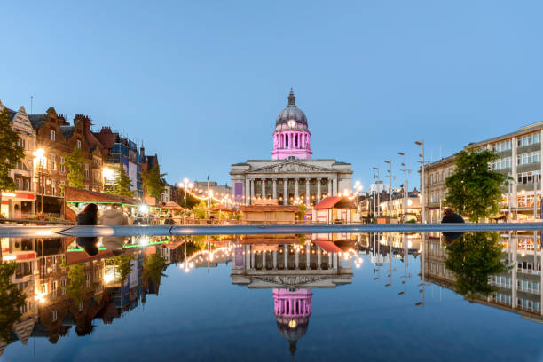 Nottingham Council House and a fountain front shot at Twilight